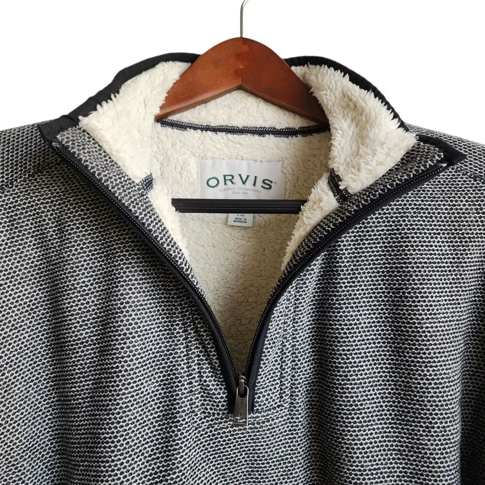 Orvis Classic 1/4 Zip Pullover Sweater Sherpa Lined Gray Textured Men's Large